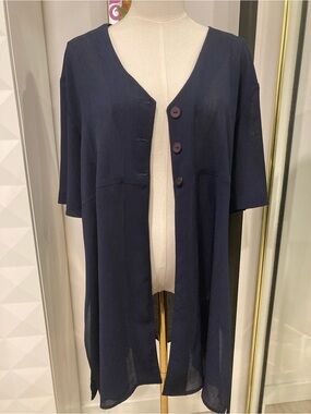 Navy Button-Front Lightweight Duster Cardigan Button down Blouse Tunic